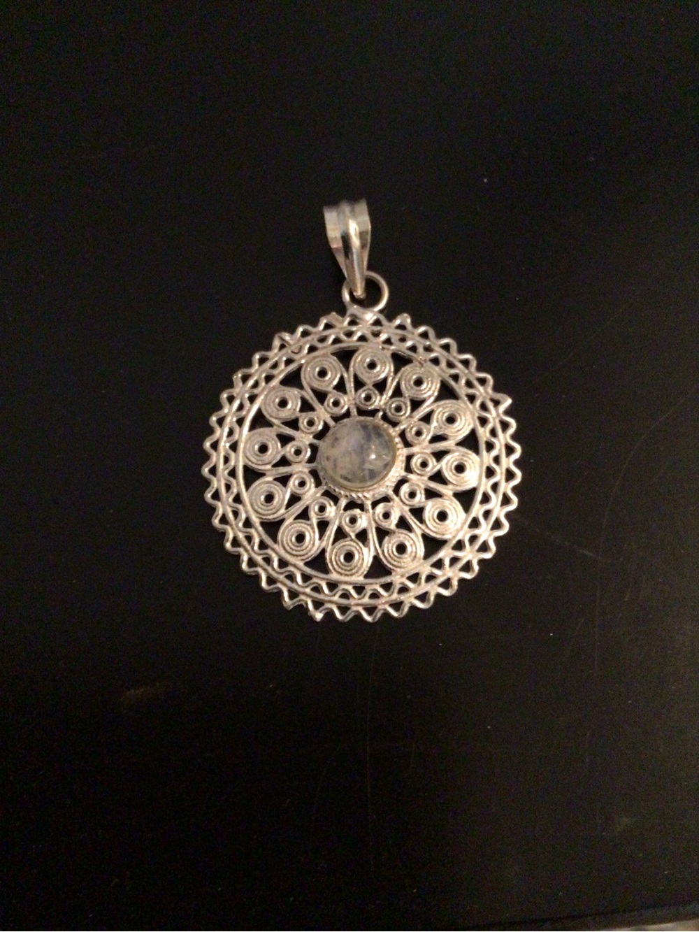 Intricate Silver Filigree Round Pendant Necklace with Center Stone - Silver